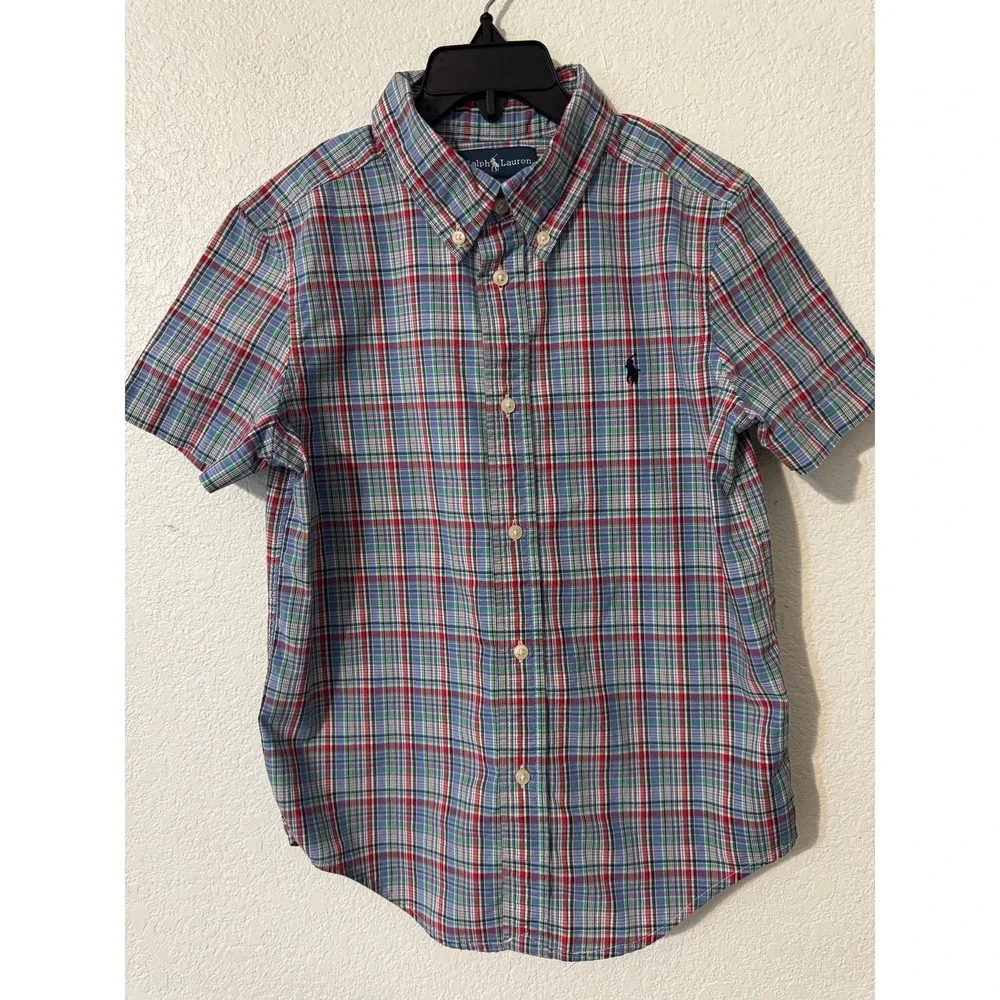 Ralph Lauren Plaid Short Sleeve Button Down Shirt Boys Size 6 Blue Red Green
